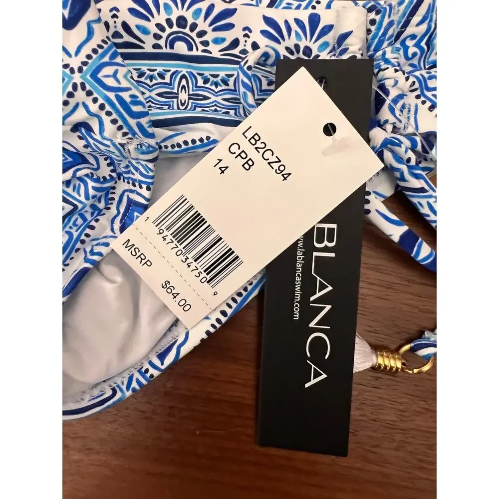 La Blanca Blue Tile Print Side Tie Bikini Bottom 14 NWT